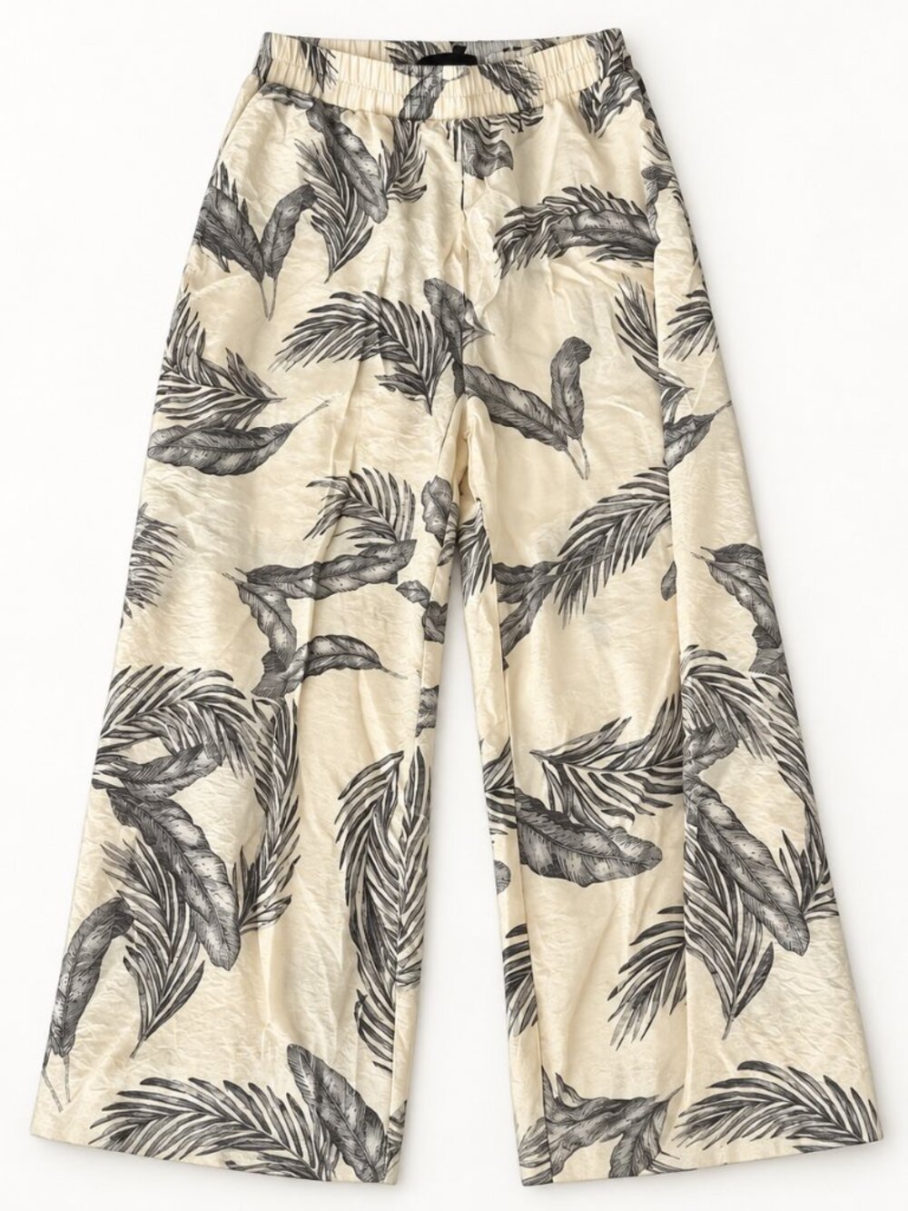 Sweet Rain Cream Wide Leg Pants with Gray Leaf Motif